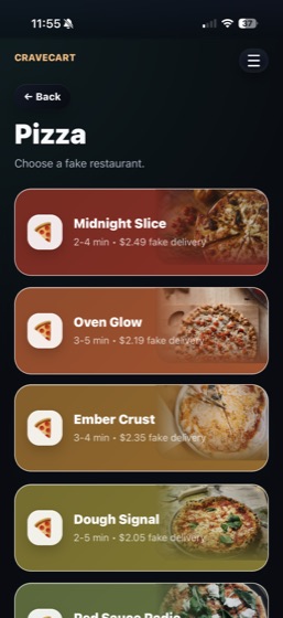 CraveCart pizza restaurant list screen