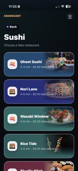 CraveCart sushi restaurant list screen